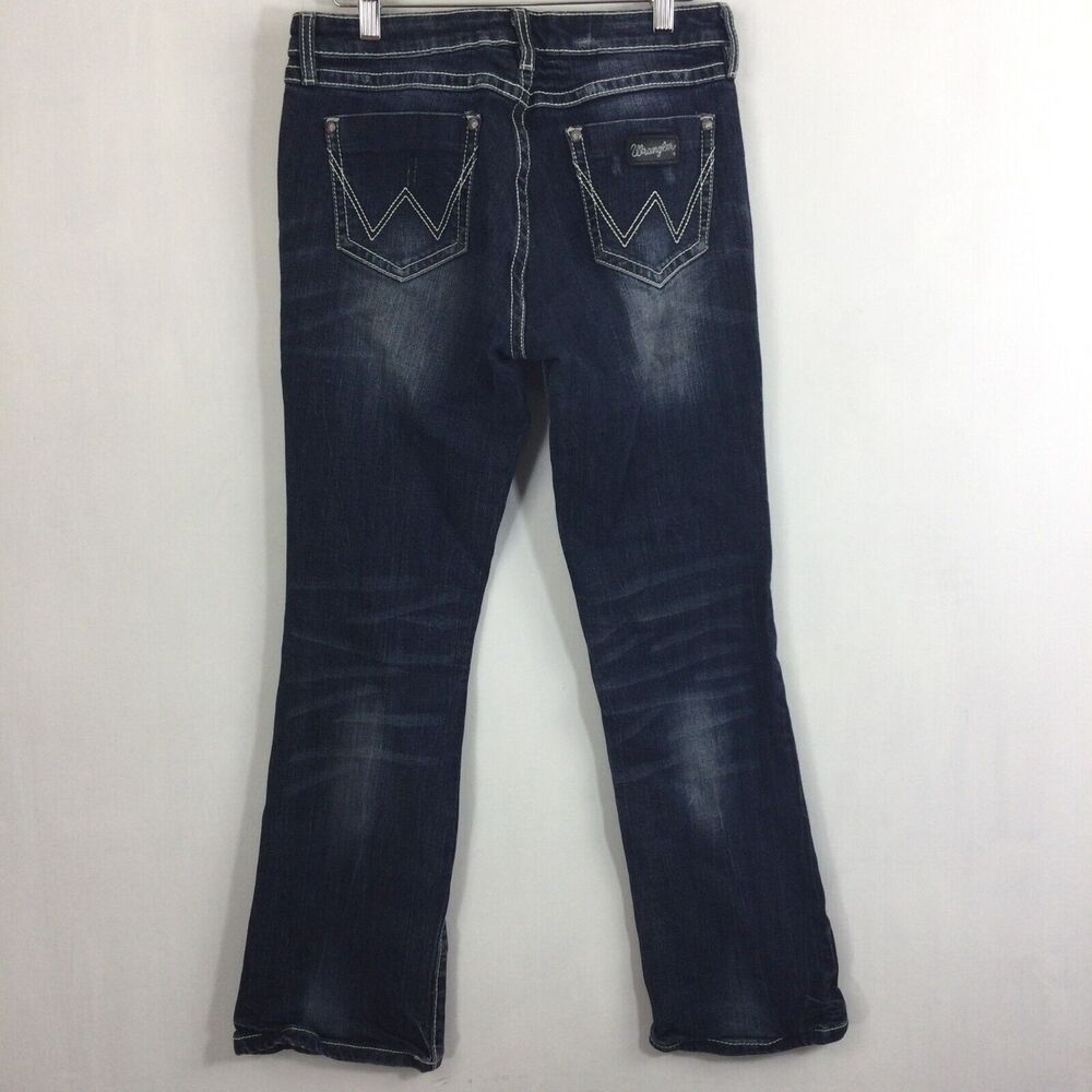 Wrangler Premium Patch Bootcut Mid Rise Western Dark Wash Denim Jeans Blue - Picture 6 of 15